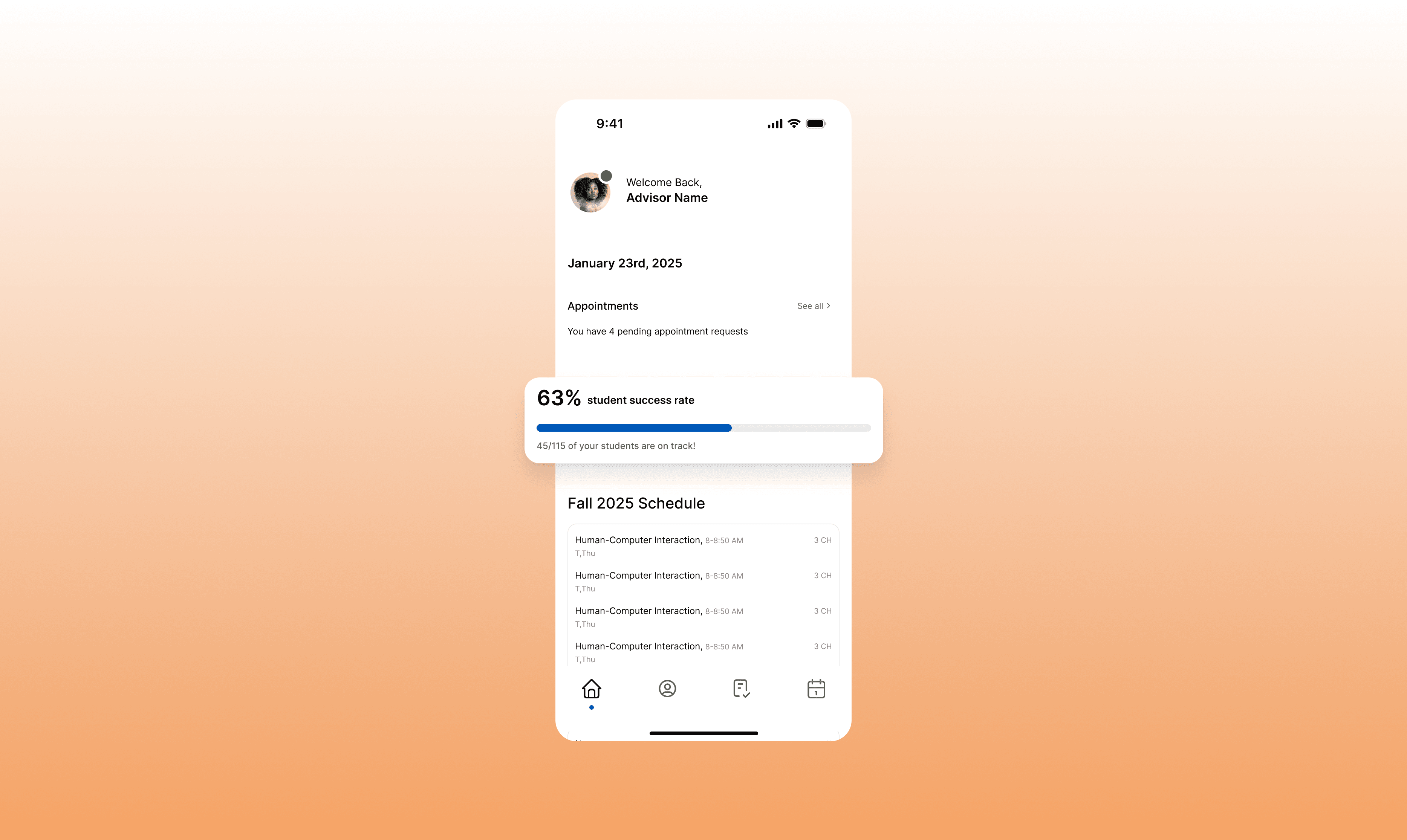 Student dashboard showing appointments, degree progress and the fall schedule